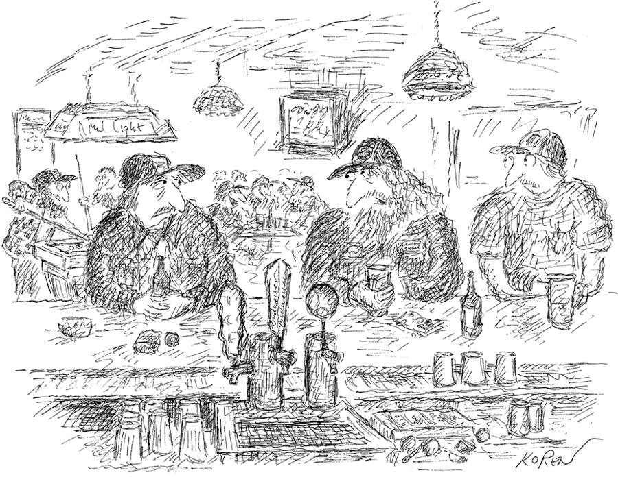 A comic shows a scene from behind a bar in a restaurant. There are three men in baseball caps sitting at the bar. Others are playing billiards or sitting around a table. The text for the comic reads, “Are you just pissing and moaning, or can you verify what you’re saying with data?”