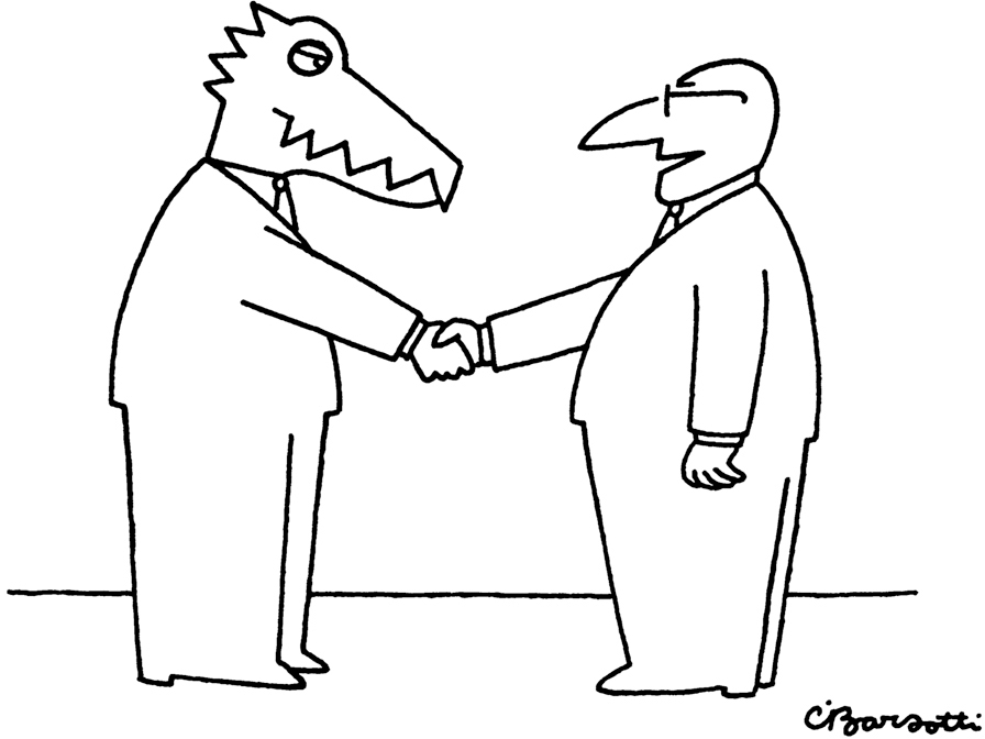 A comic shows a man on the right shaking hands with an anthropomorphized alligator. The alligator has a suit, and is standing on two legs. The text for the comic reads, “Of course. Your reputation precedes you, sir.”