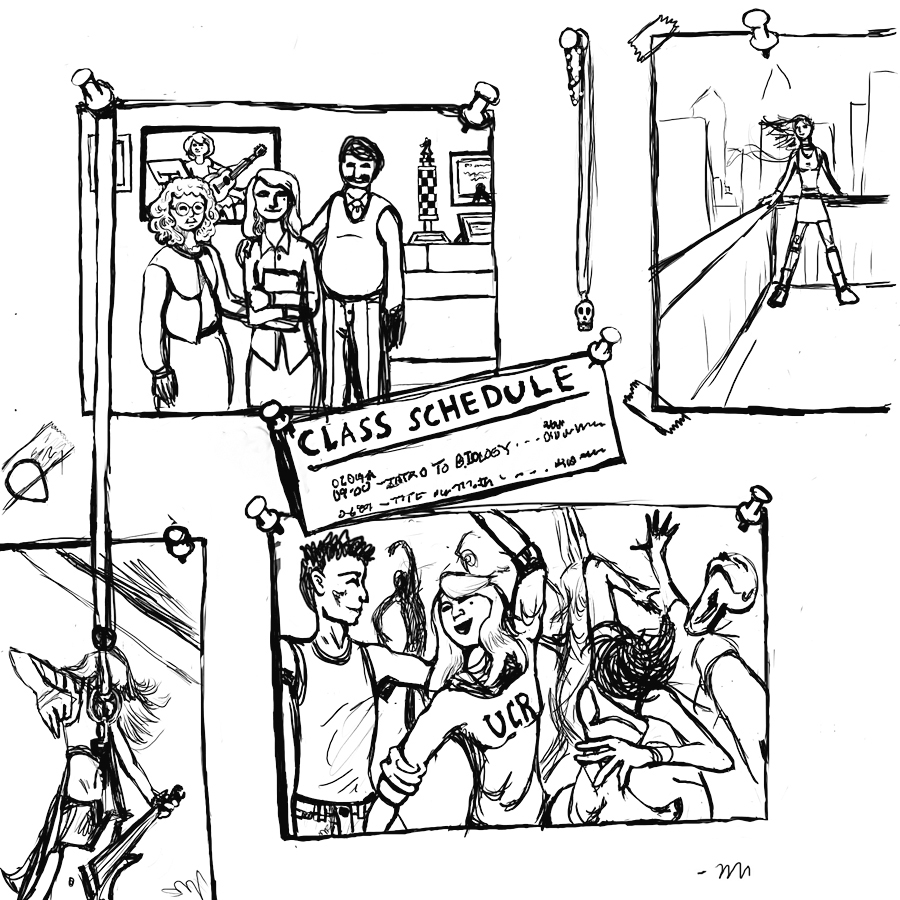A comic shows a wall that has items taped or pinned onto it. There are two necklaces hanging from push pins, a class scheduled that is pinned, and four other pictures that are affixed to the wall. The top left picture is of a young woman with an older man and woman standing by her sides. The top right picture is of the young woman posing with a city scape. The bottom right picture of of the young woman dancing with other people. The bottom left picture is of the woman playing guitar.