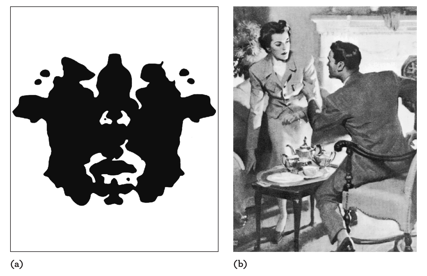 Two illustrations. Illustration 1. A picture that resembles one of Rorschach’s inkblot tests. Illustration 2. A black and white image of a man and woman shows the man holding the woman�s arm. There is a setting for tea. Adapted from Norman, W.T. (1963). Toward an adequate taxonomy of personality attributes: replicated factor structure in peer nomination personality rating, Journal of Abnormal and Social Psychology, 66, 5770.