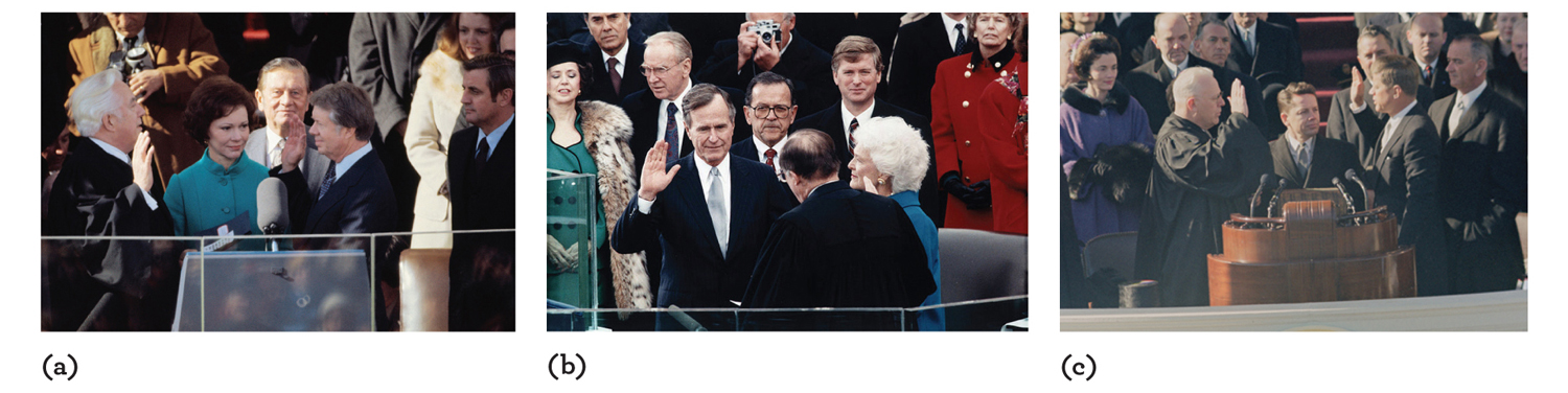 Figure 3.2. Three images of American presidents during their inauguration, including Jimmy Carter, George H.W. Bush, and John F. Kennedy. In these pictures, the presidents are surrounded by their families and constituents. Additionally, the presidents are holding up their right hands during the oaths.