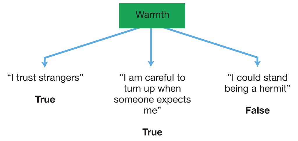 Figure 3.4. This flow chart shows the word “Warmth” as the header. This is then broken into three categories with arrows leading away from the header. Each of these categories has a statement and a truth statement. The first category is “I trust strangers” followed by the word True. The second category is “I am careful to turn up when someone expects me” followed by the word True. The final category is “I could stand being a hermit” followed by the word False.