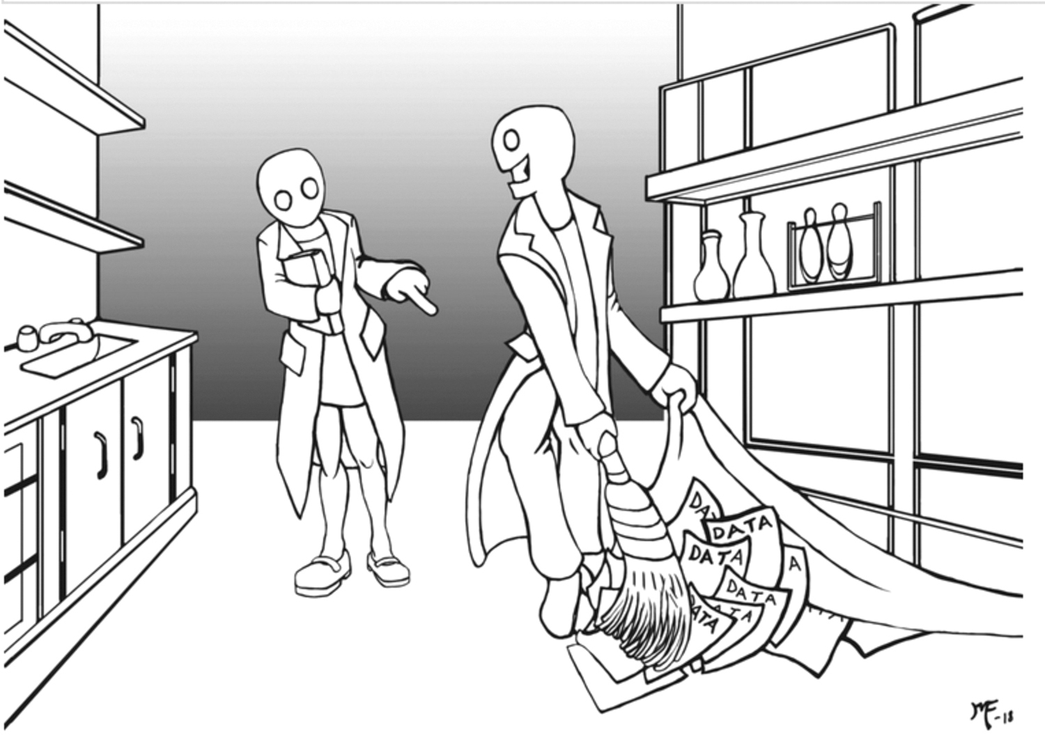 A cartoon of a man and a woman standing in between rows of shelves on either side. The man has a broad smile and he sweeps the papers labeled, data under the rug, while the woman behind him, points her fingers at the papers. She holds a file.