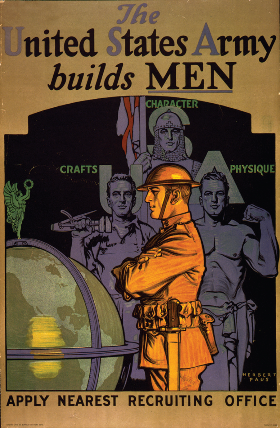 Figure 7.5. The image is of an old advertisement for the United States Army. There are four men posing near a globe. One is dressed in a crusader’s armor, one in a toga, another in a craftsmen apron, and the final man wearing an army uniform with a sword or large knife. The words around the men say, “Crafts,” “Character,” and “Physique.” The advertisement has the title, “The United States Army builds MEN, Apply nearest recruiting office.”