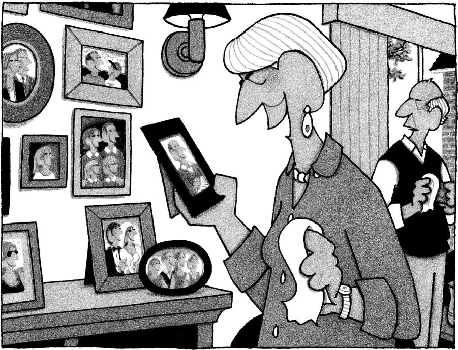 The cartoon is of an older man and woman cleaning. The woman is holding a cleaning rag in one hand and a framed picture in the other hand. There are other framed pictures hung on the wall and rested on the table near the woman. The text for the caption reads, “You got better-looking as you got older—up to a point.”