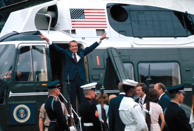 A photograph shows President Nixon posing before entering an automobile