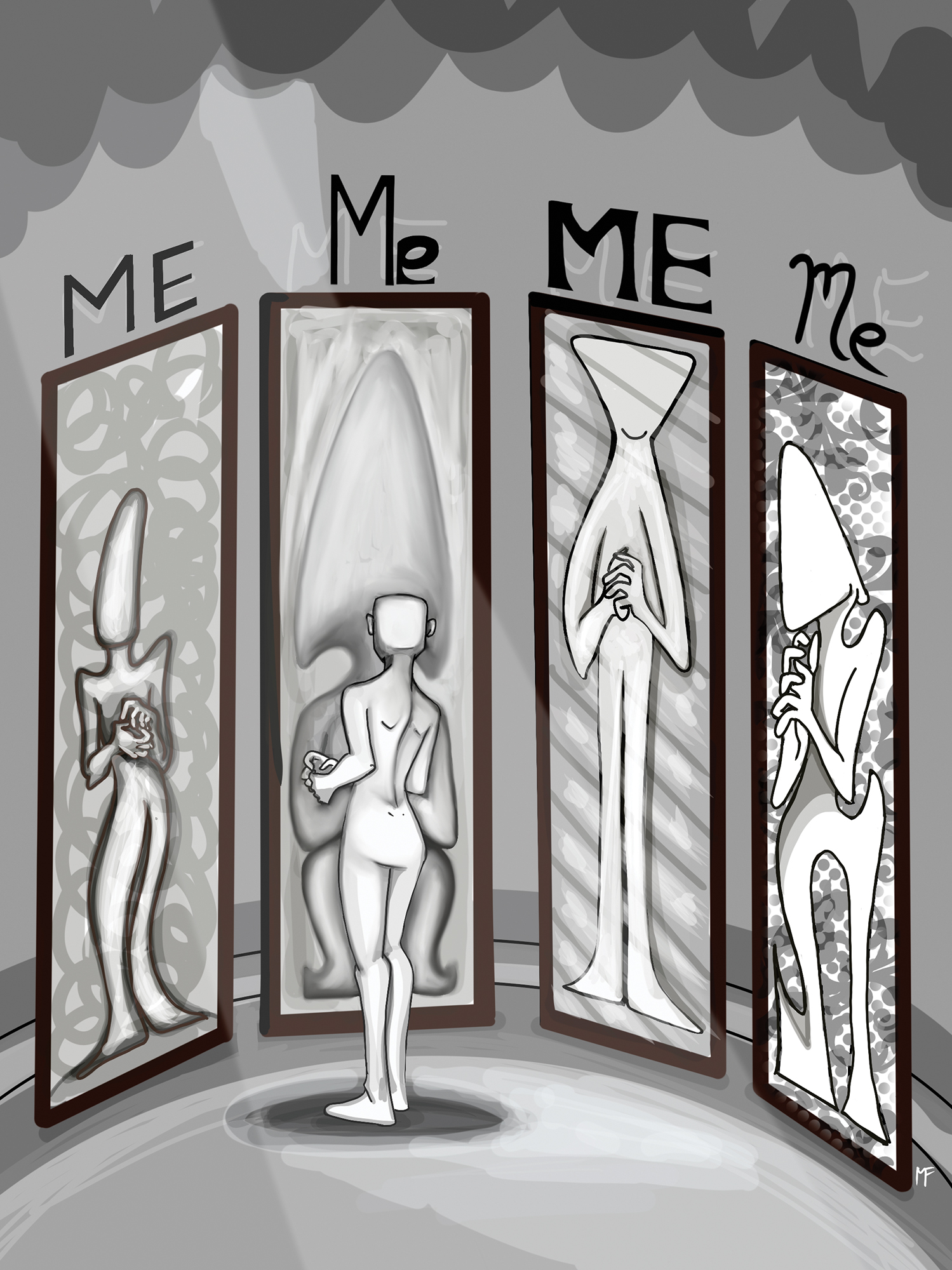 A drawing shows a person standing before four paintings, each labeled “Me” and showing figures with distorted proportions.