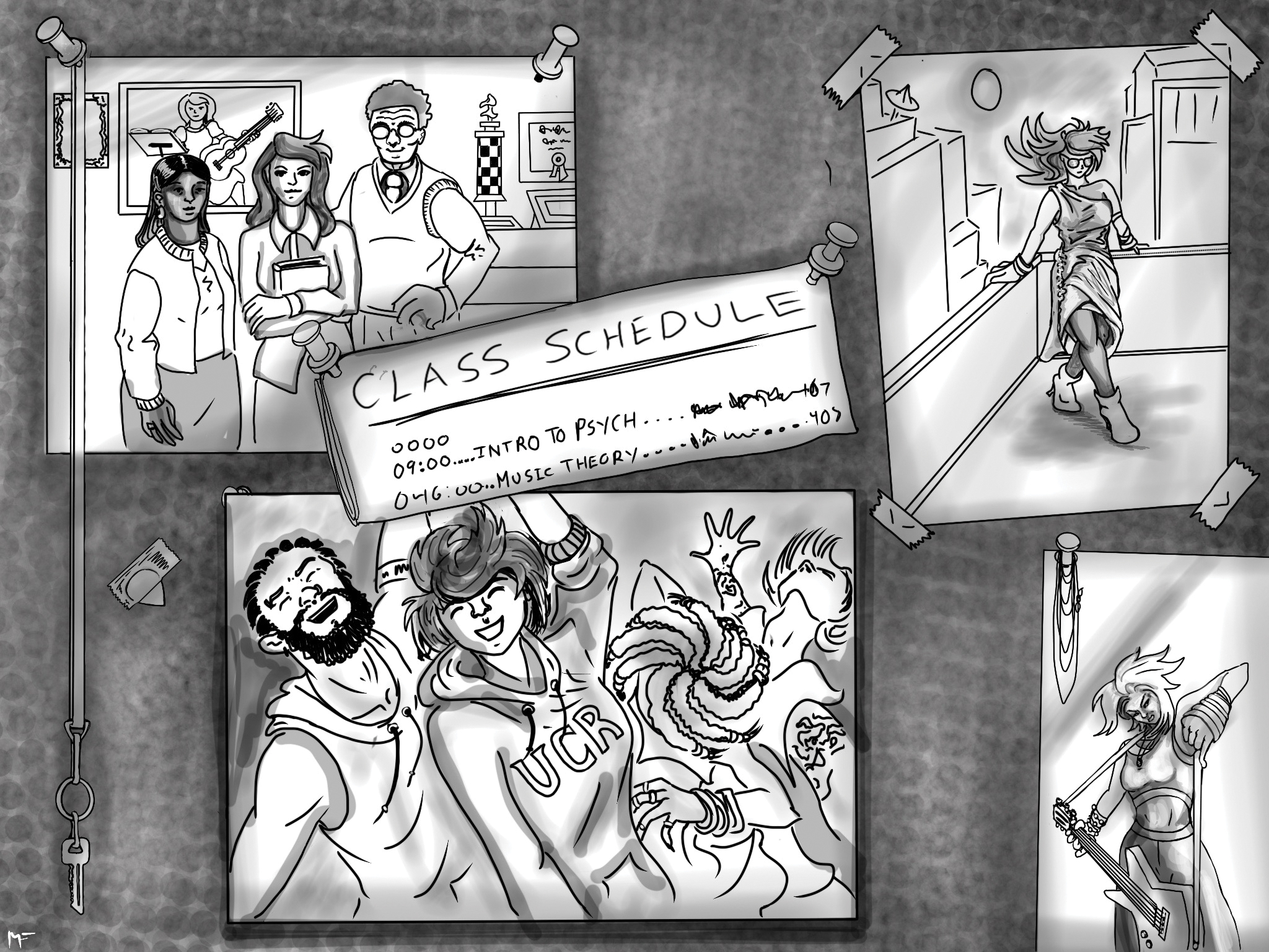 A drawing of four photographs and a class schedule taped up on a wall