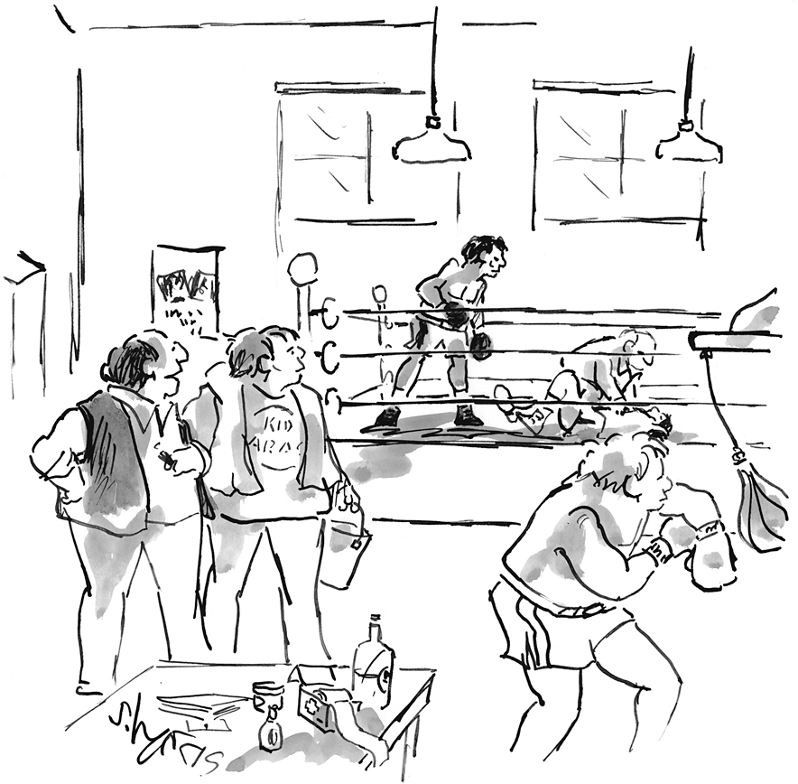 A cartoon shows two coaches watching several wrestlers training and fighting in the ring.