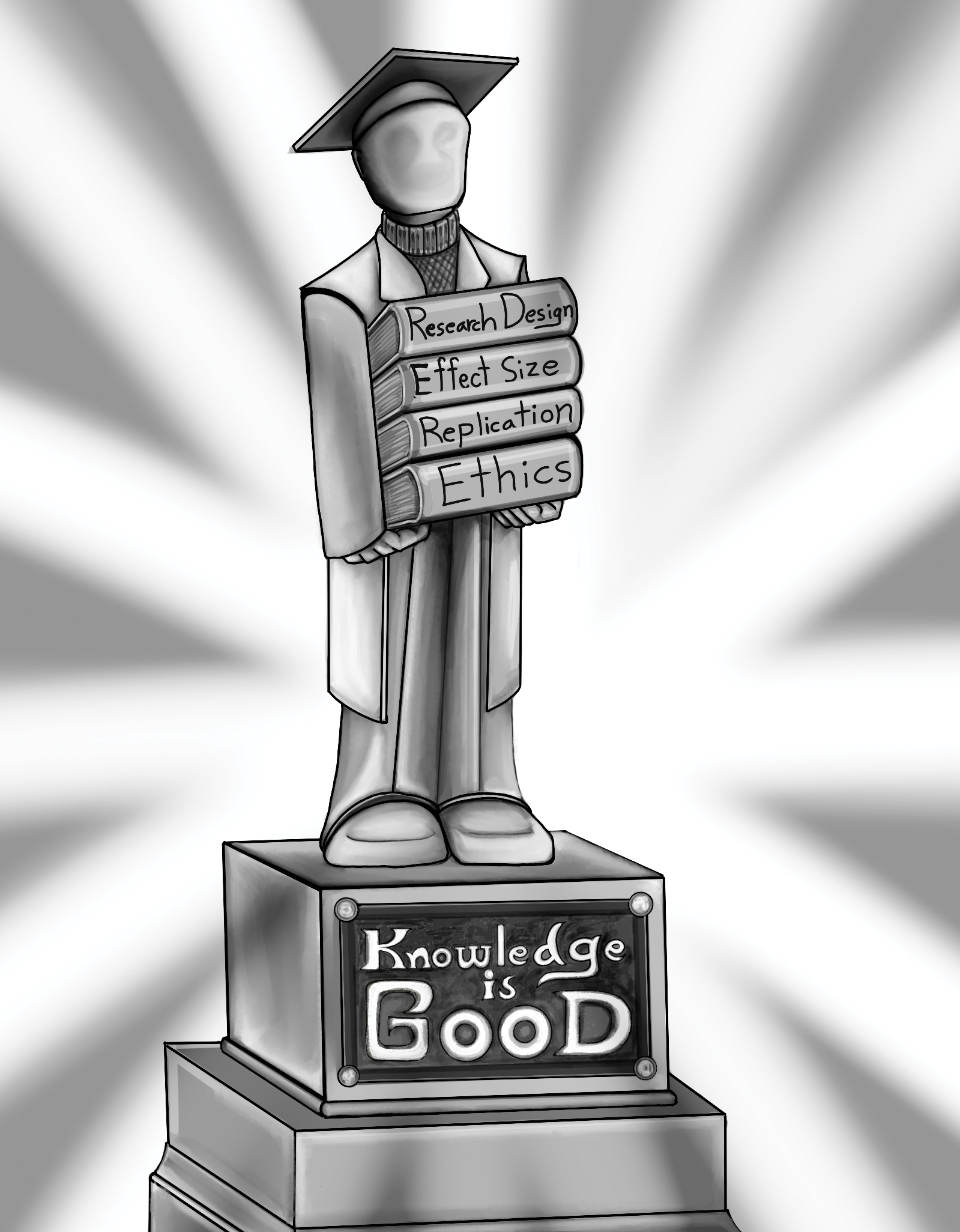 A black and white illustration shows a faceless figure of a graduate holding a stack of books.