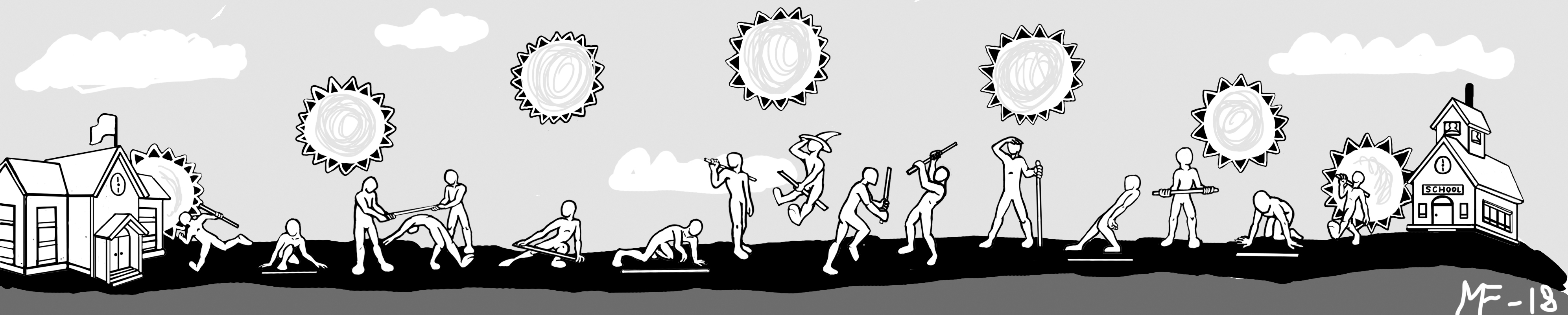 A cartoon shows a row of figures making various uses of meter sticks.