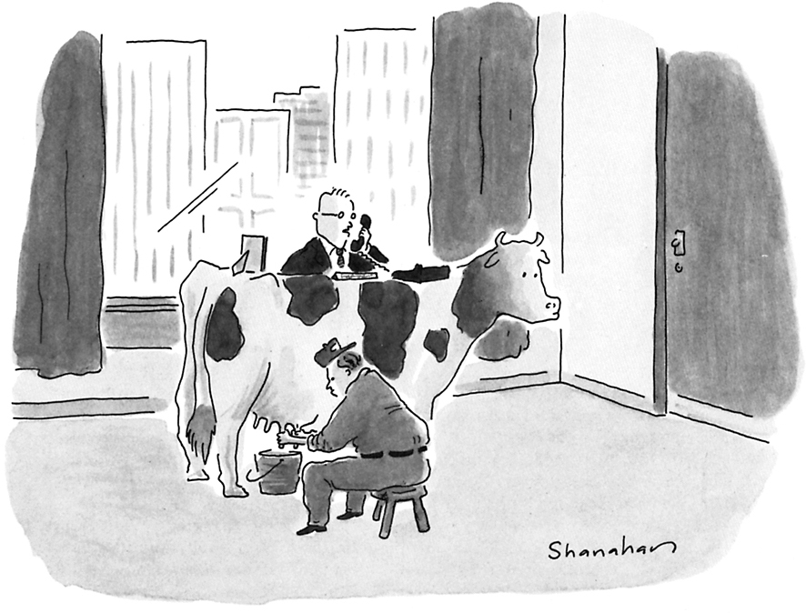 A comic shows a cow and two men inside an office space.