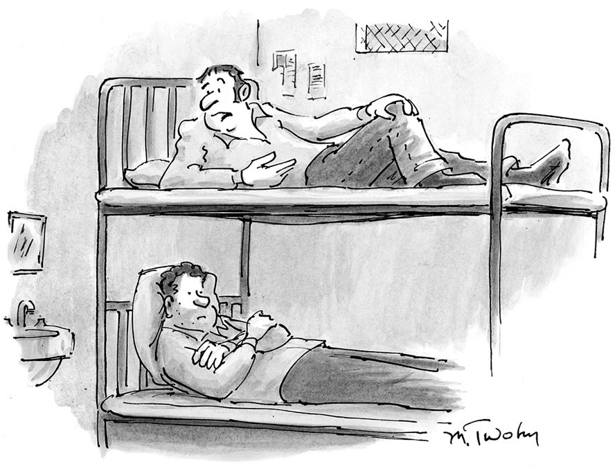 A comic from the perspective of inside a prison cell shows two male prisoners lying on a bunk bed.