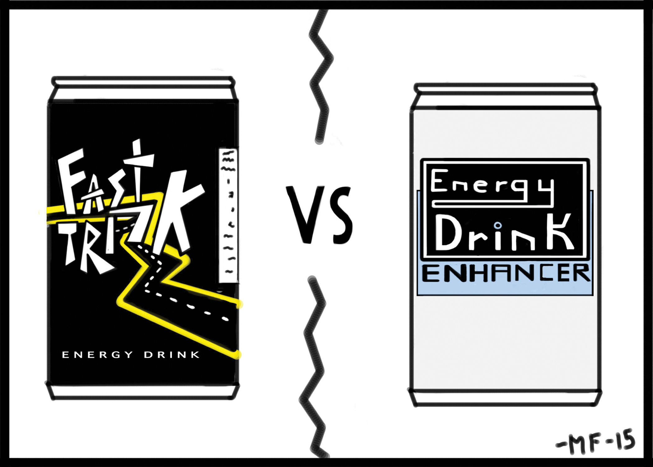 A cartoon shows two energy drinks with different label designs, “Fast Trick Energy Drink” versus “Energy Drink Enhancer”.