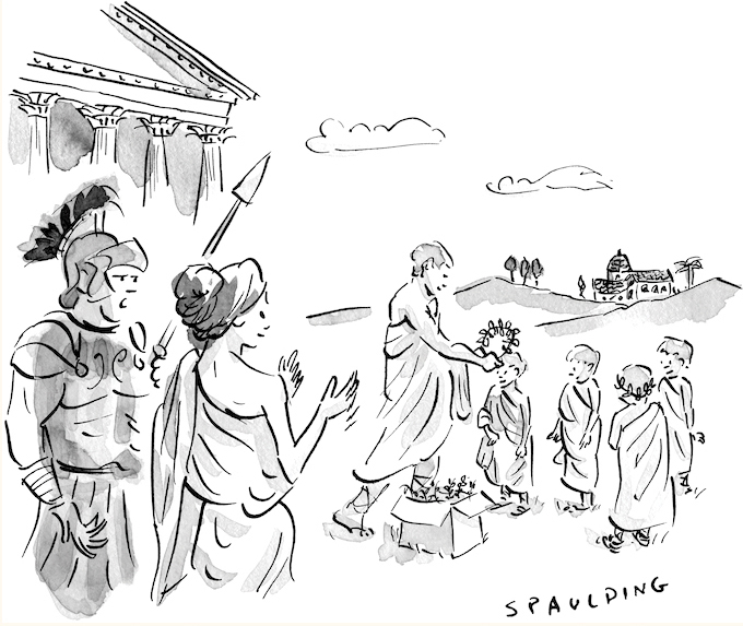 A cartoon shows a group of kids in Rome receiving laurel wreaths.