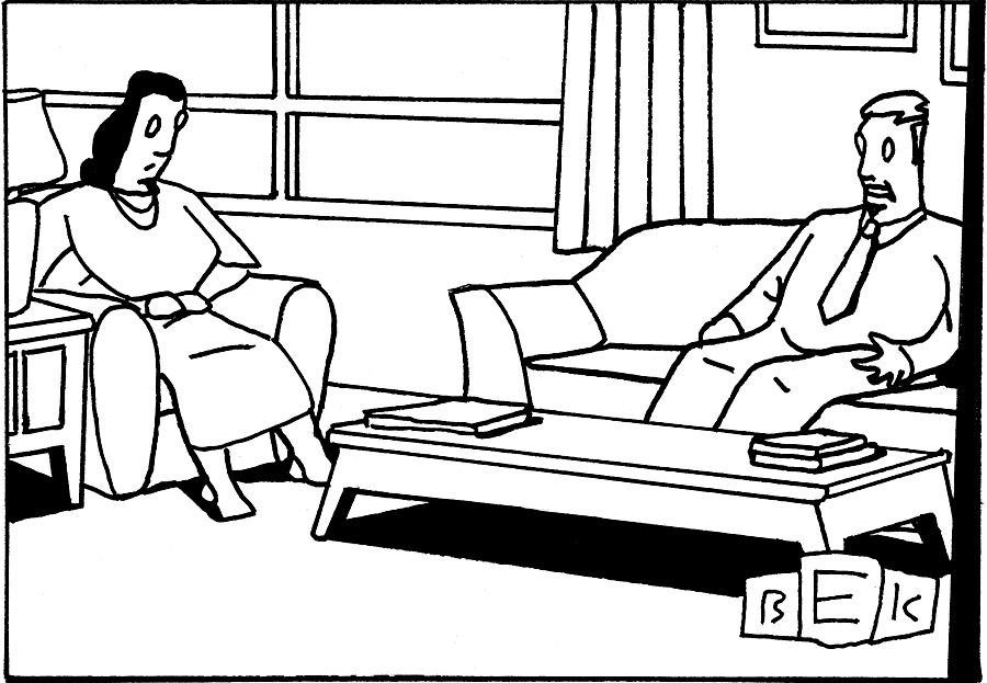 A cartoon shows a couple sitting in a living room. The text reads, “Let’s go somewhere fun and not really experience it.”