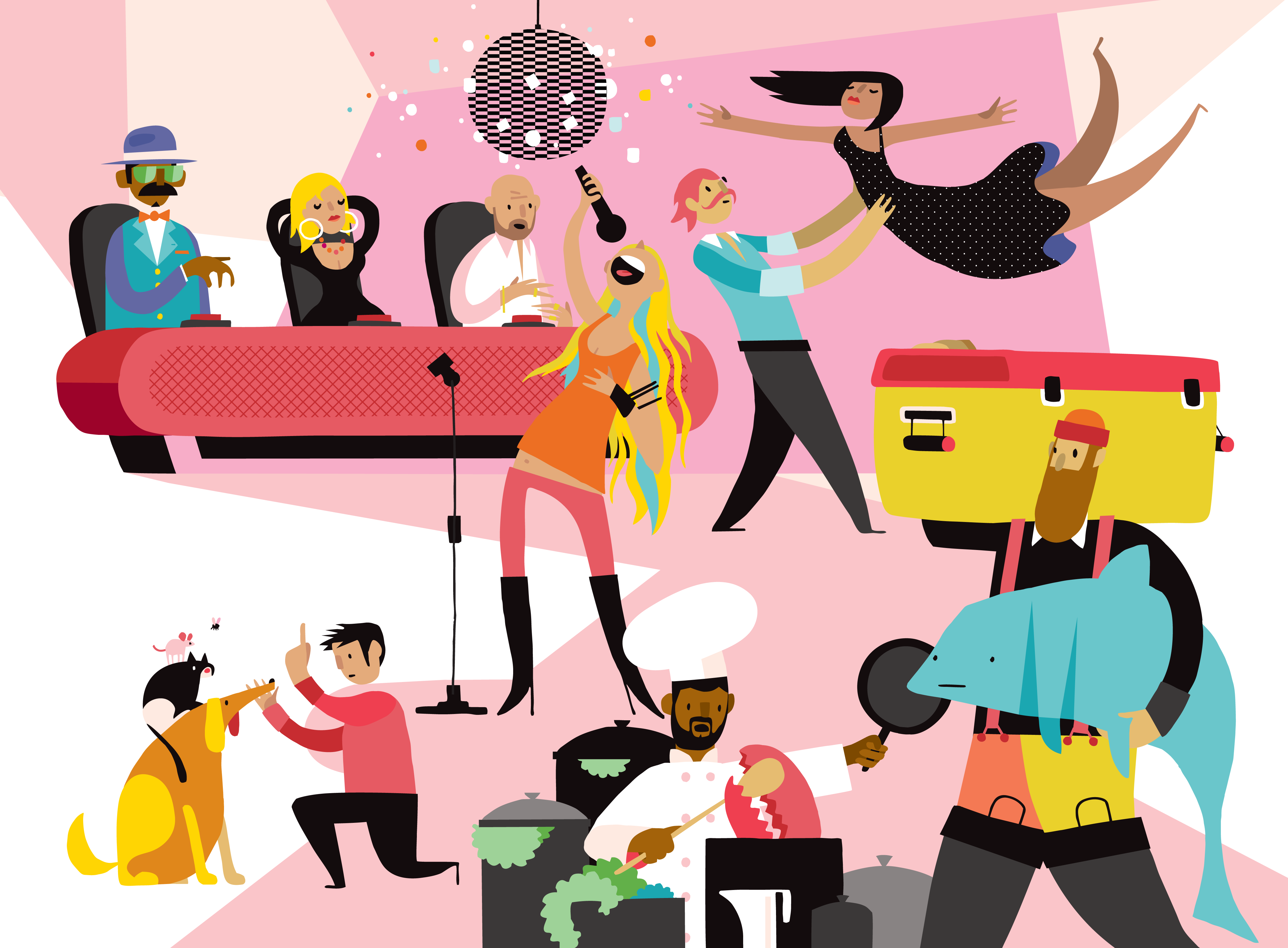A cartoon showing people engaging in various physical activities.