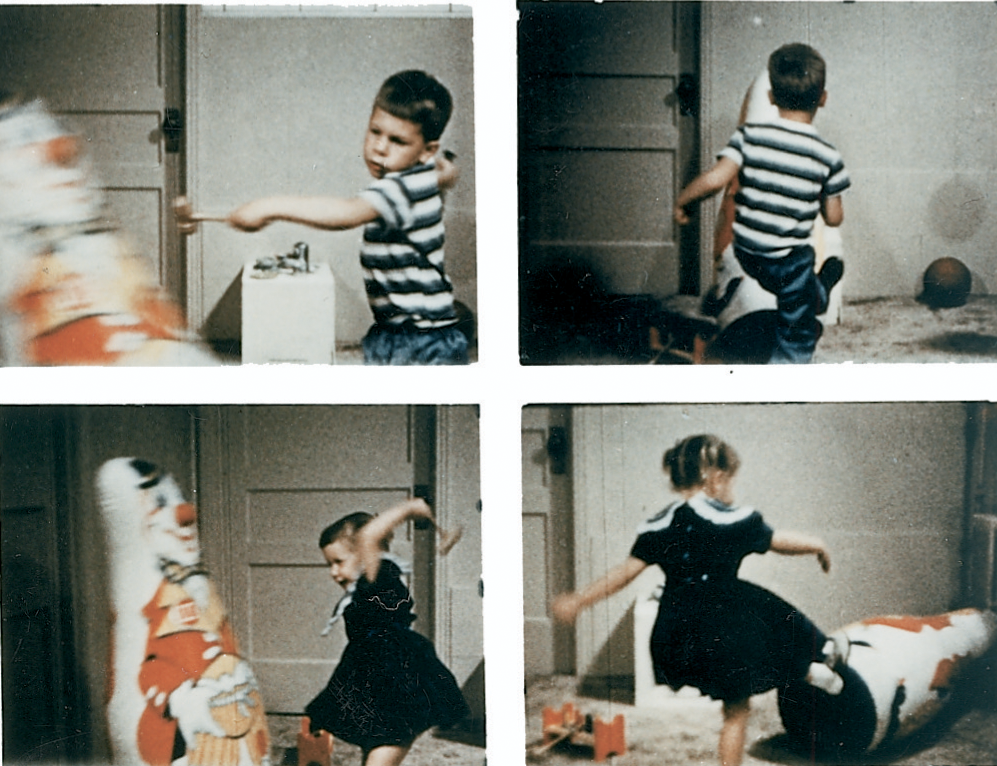 A series of four pictures, where children are beating up a doll.