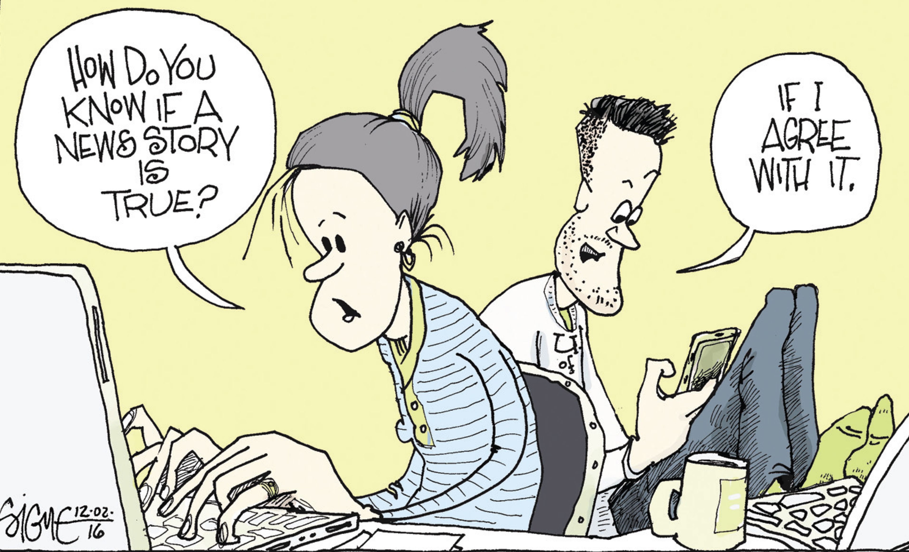 Figure 2.15 is a cartoon of a woman on a computer asking “How do you know if a news story is true?” and the man behind her, who is reading a newspaper, responds with “If I agree with it”.