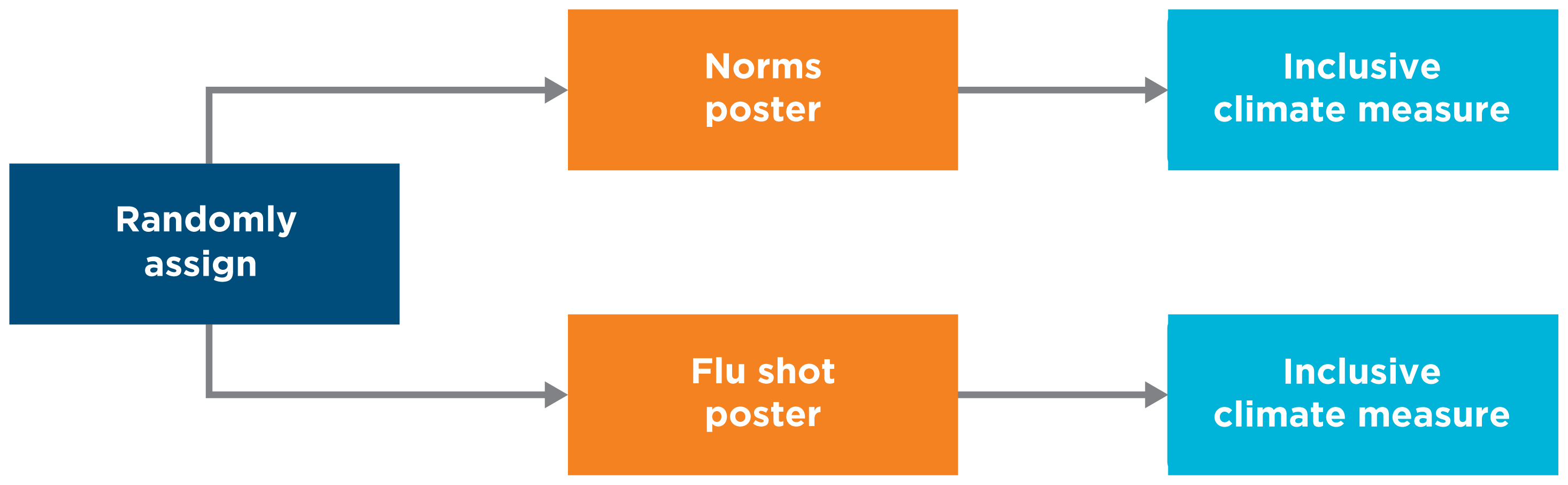 A flowchart illustrating a posttest-only design. The chart begins with randomly assigning individuals to the norms poster group or the flu shot poster group. Individuals in each group are then tested on the inclusive climate measure.