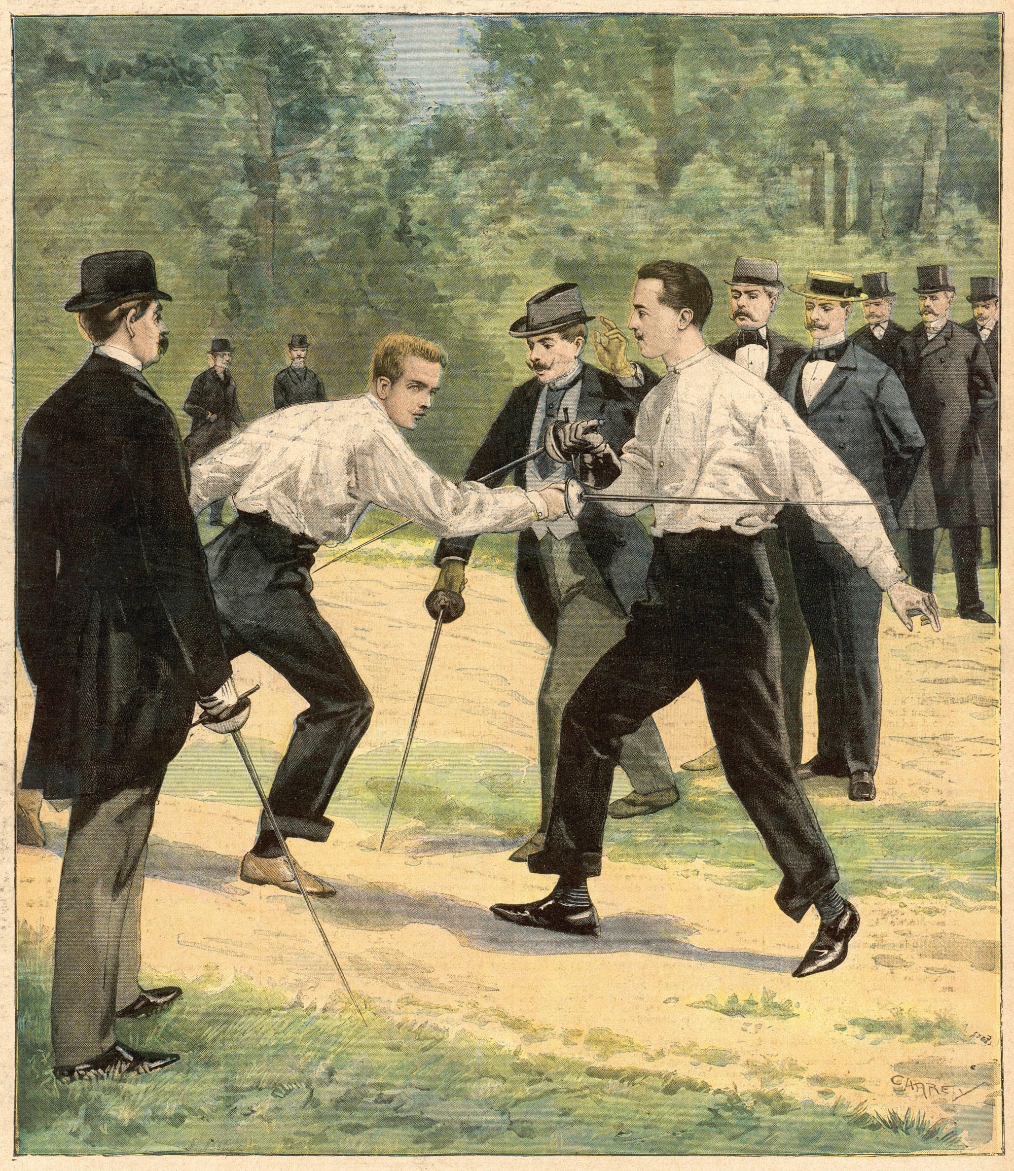 Prince Henri of Orleans and the Count of Turin engaging in a sword duel.