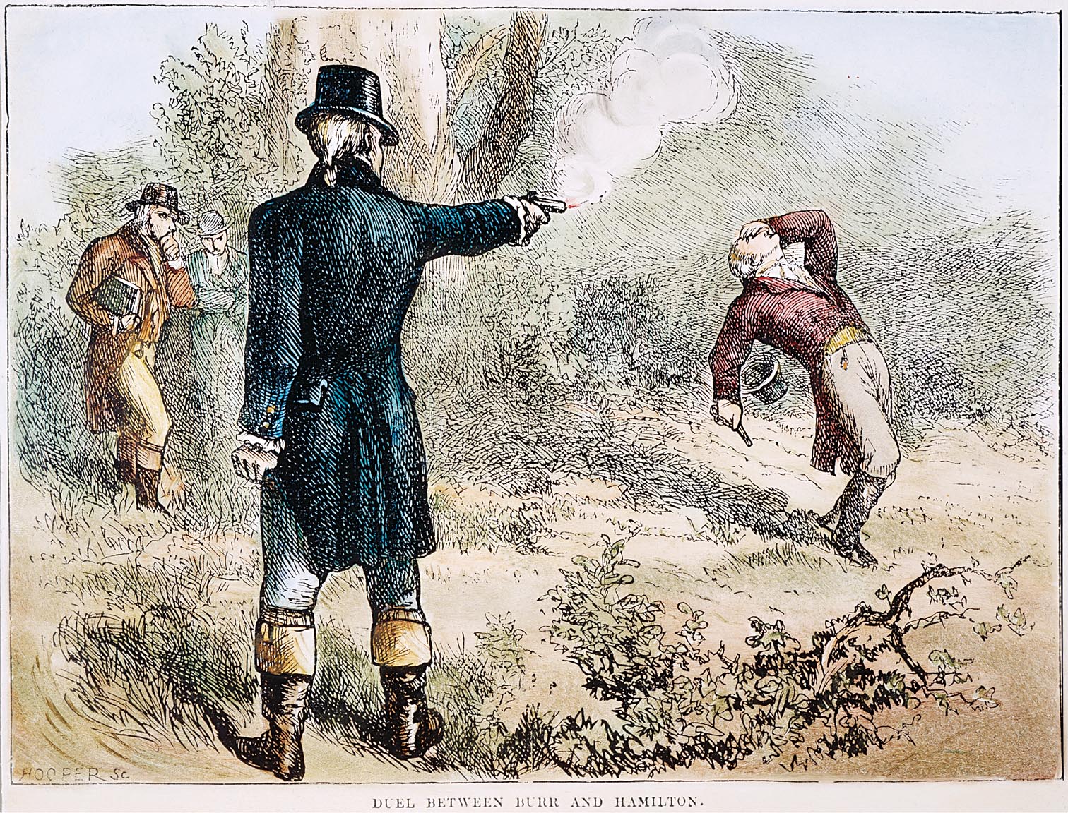 A painting depicts the duel between Aaron Burr and Alexander Hamilton. Alexander Hamilton falls down after being shot by Aaron Burr.