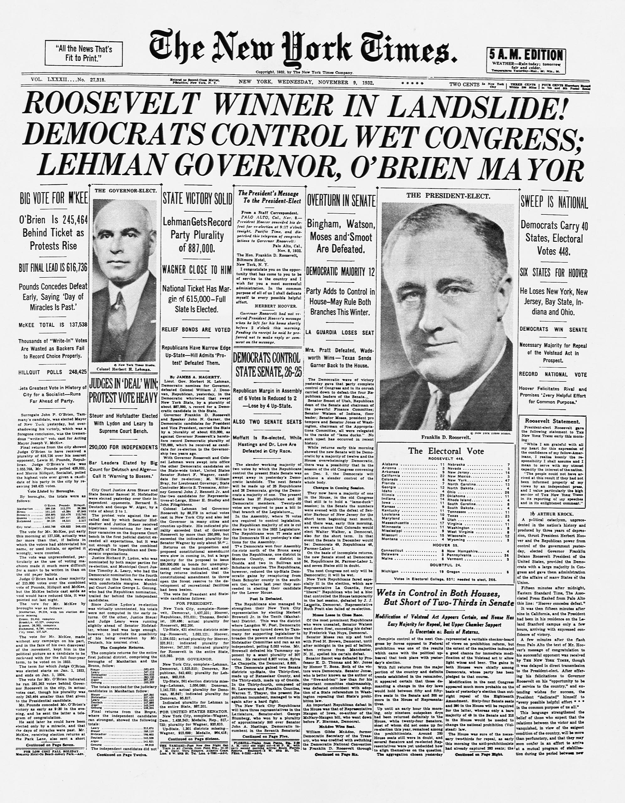 The front page of the New York Times carries the following headline: “Roosevelt winner in landslide! Democrats control wet congress; Lehman Governor, O’Brien Mayor.”