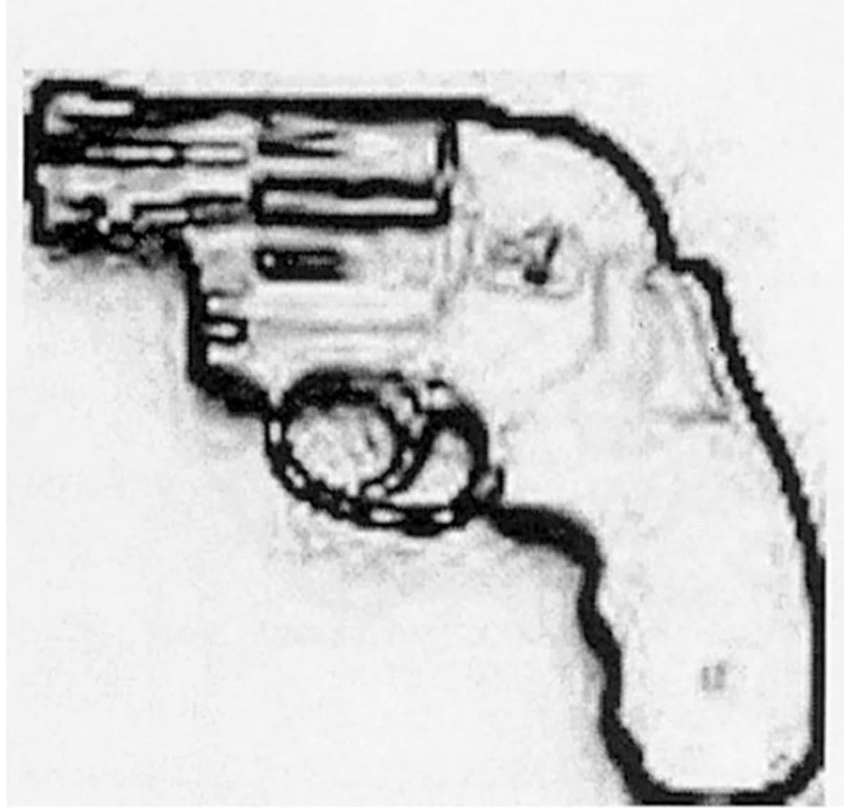 Three images show the clarification of the degraded image of a pistol.