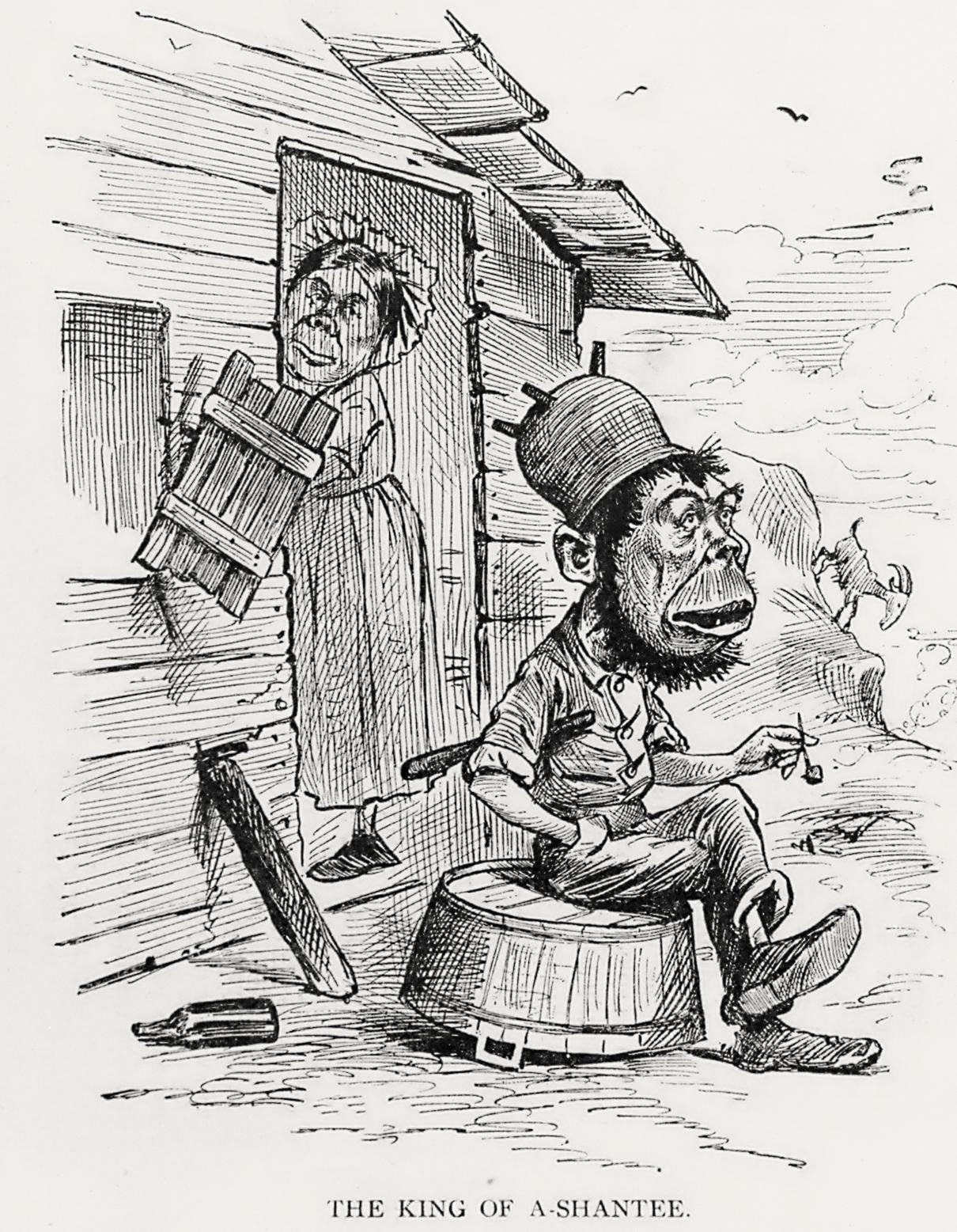 A cartoon shows a couple with ape-like features in front of a wooden house.