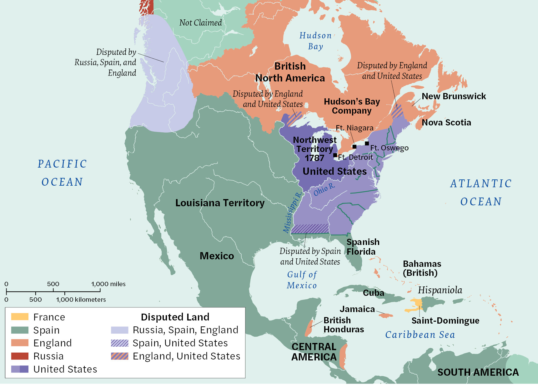 A map shows North America with different regions labeled for controlling countries.