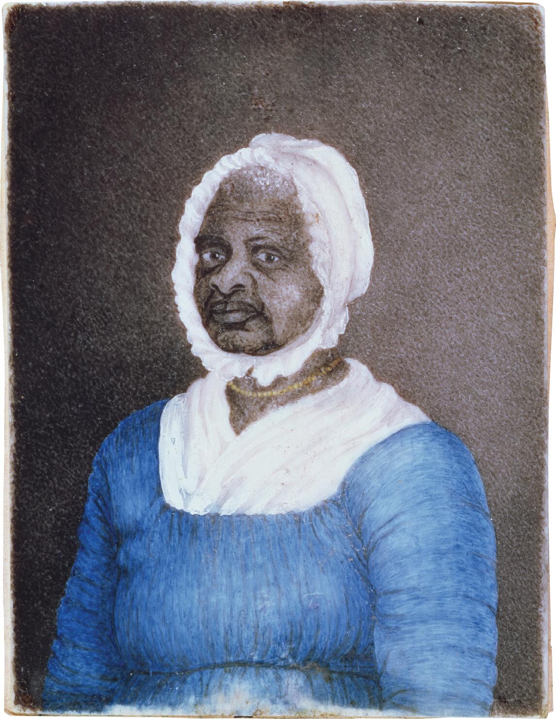 A portrait of Elizabeth Freedom. The painting shows a black woman wearing a blue dress and bonnet.