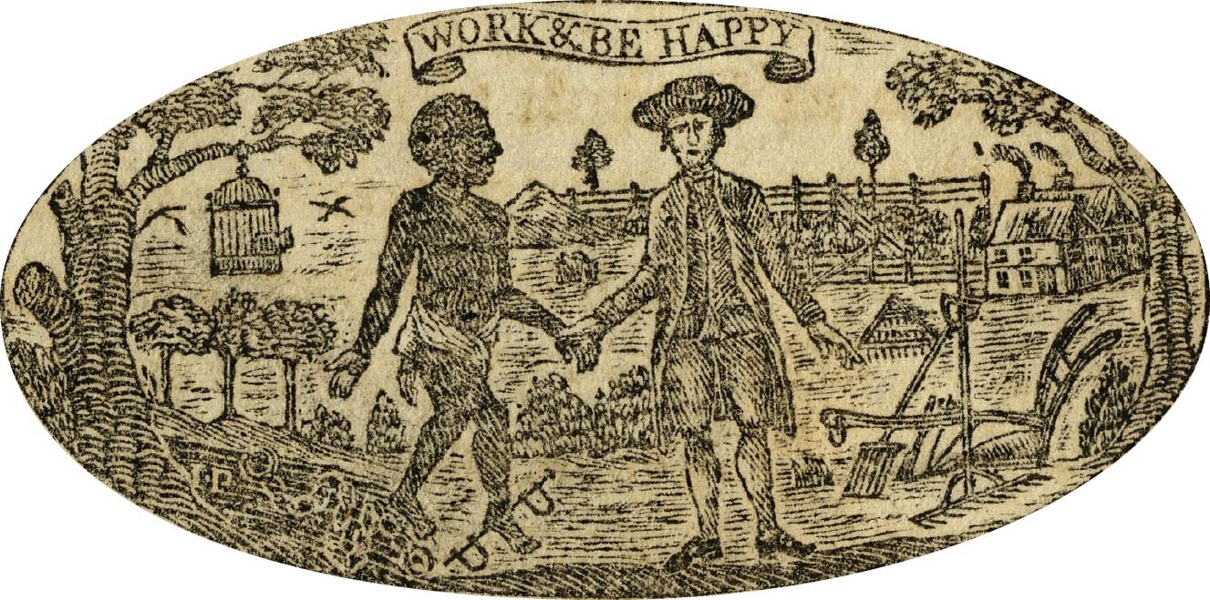 An illustration shows a white man and a black man holding hands. Above it says, work and be happy.