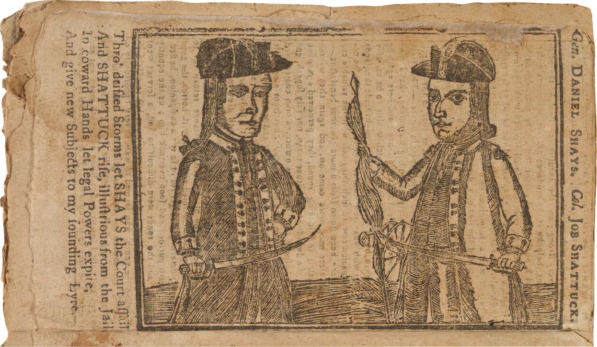 An illustration shows two men, both holding swords.