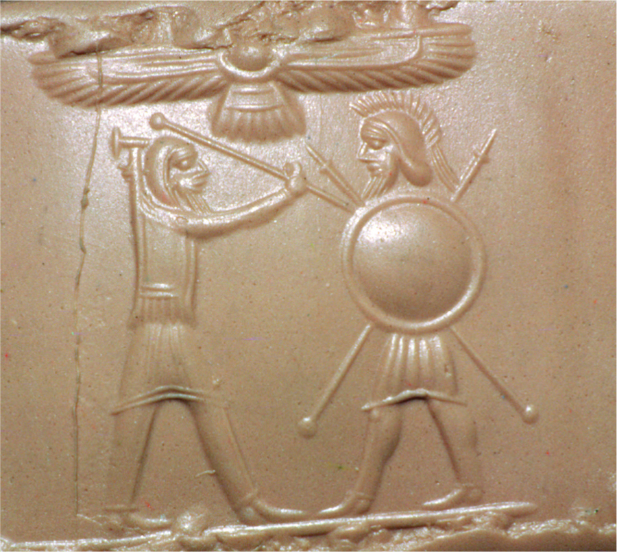 In Battle In a Persian cylinder-seal impression probably created at the time of the Persian wars, a lightly armed Persian soldier pierces the heavy armor of a Greek opponent.