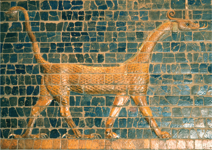 Ishtar Gate Babylon’s Ishtar Gate, built around 570 BCE, was decorated with glazed tiles forming designs such as this dragon, a symbol of Nebuchadnezzar II’s power and authority. Merging features of various dangerous animals, including a viper, lion, and scorpion, the dragon stood as a warning to enemies of the city.