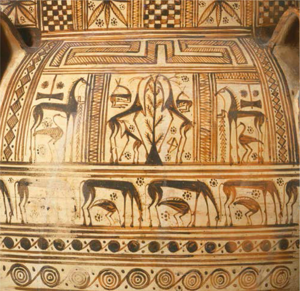 Geometric Pottery This eighth-century BCE terra-cotta krater, a large vessel used to mix wine and water, demonstrates the intricacy of designs found in Greek Geometric pottery. It is decorated with a common Near Eastern motif: two goats on either side of a tree.