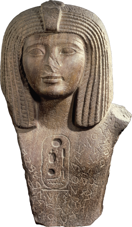 Intersecting Cultures On this tenth- or ninth-century BCE bust of a pharaoh, his name is inscribed in Egyptian hieroglyphs on the chest, surrounded by a Phoenician inscription dedicating the bust to the patron goddess of a Phoenician city.