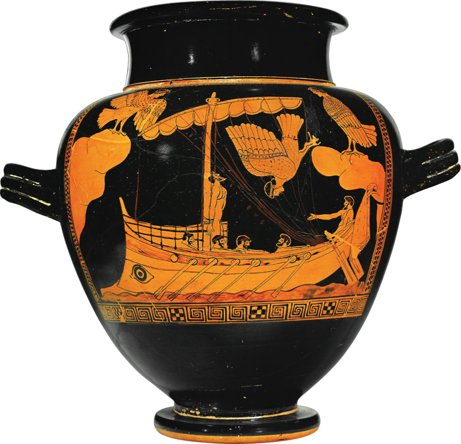 <b><i>Odyssey</i></b> A jar from fifth-century BCE Athens vividly depicts an episode in Homer&#8217;s Odyssey in which the Sirens, winged women with beautiful voices, attempted to lure Odysseus and his men into wrecking their ship on the rocks. Odysseus had his men plug their ears with beeswax and then tie him to the mast so he could listen to the Sirens&#8217; singing.