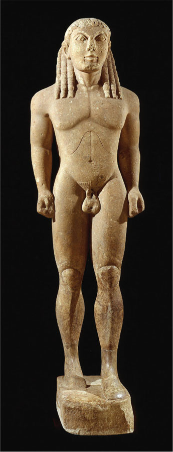 Kouros The rigid arms and advancing stance of this life-size sixth-century BCE statue reveal the influence of Egyptian sculpture.