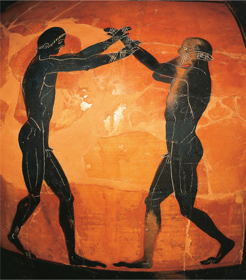 Athletics in Art A black pottery jar (525 BCE) from a Greek colony in Italy depicts two athletes engaged in a wrestling match.