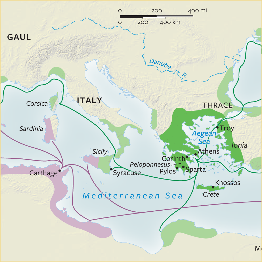 Greek and Phoenician Colonization, ca. 750 BCE From the early ninth century BCE, Greek city-states established trading posts, which ultimately became colonies, across the Mediterranean and the Black Sea. Together with the great maritime trading culture of the Phoenicians, the Mediterranean became a space in which goods, ideas, and even alphabets were exchanged, forming the basis of an enduring Greek linguistic and material culture.