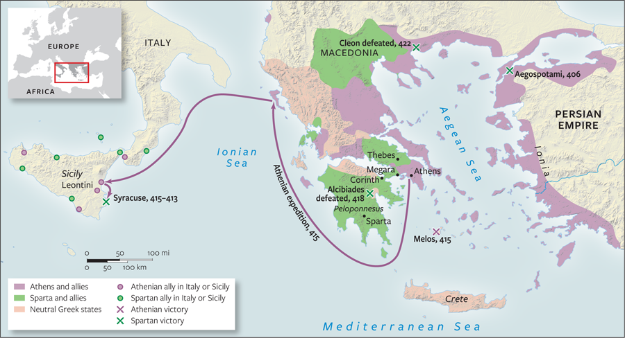 The Peloponnesian War, 431–404 BCE The Peloponnesian War mainly involved the two city-states of Athens and Sparta, but it raged across the entire Mediterranean region, from the massacre at the island of Melos in the Aegean Sea, to Alcibiades’ ill-fated naval expedition to Syracuse, in Sicily, to the Spartan naval victory at Aegospotami.