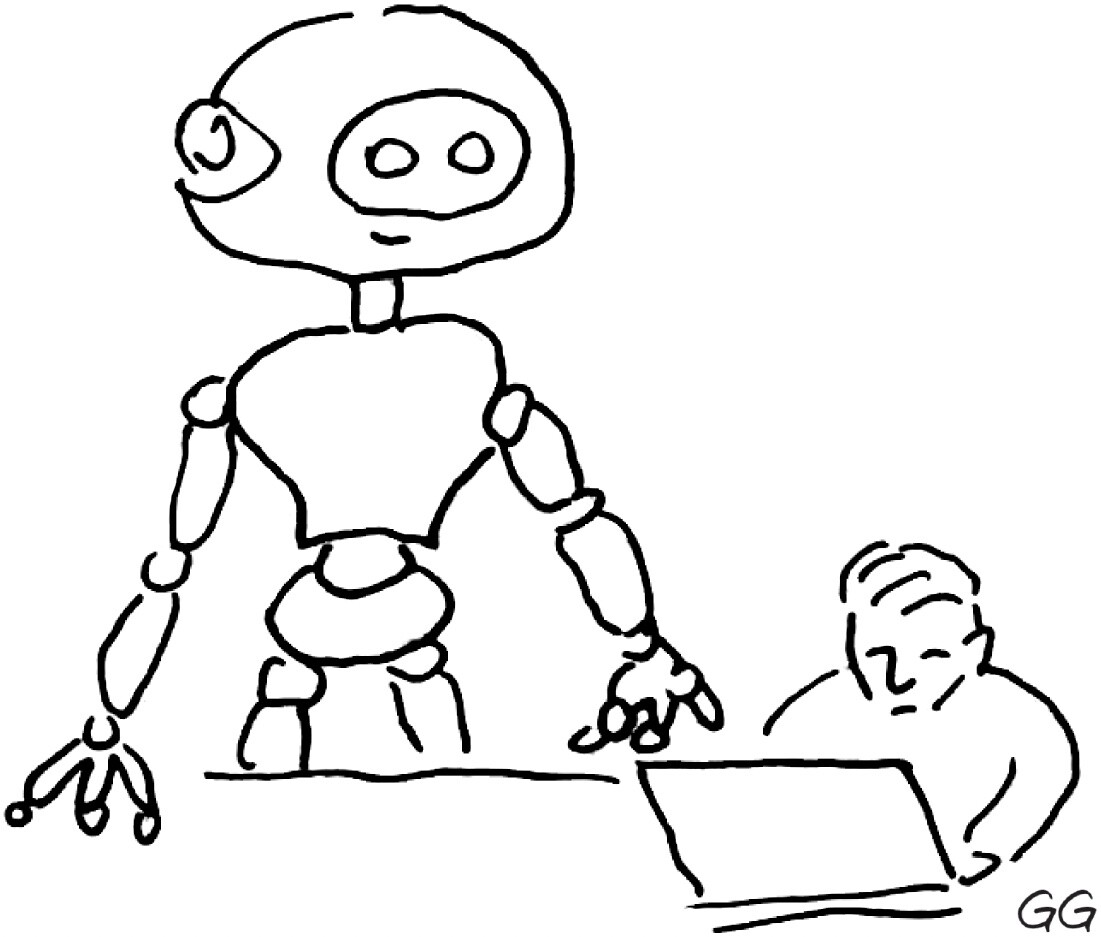 A cartoon shows a person sitting at a laptop while a robot stands over them.