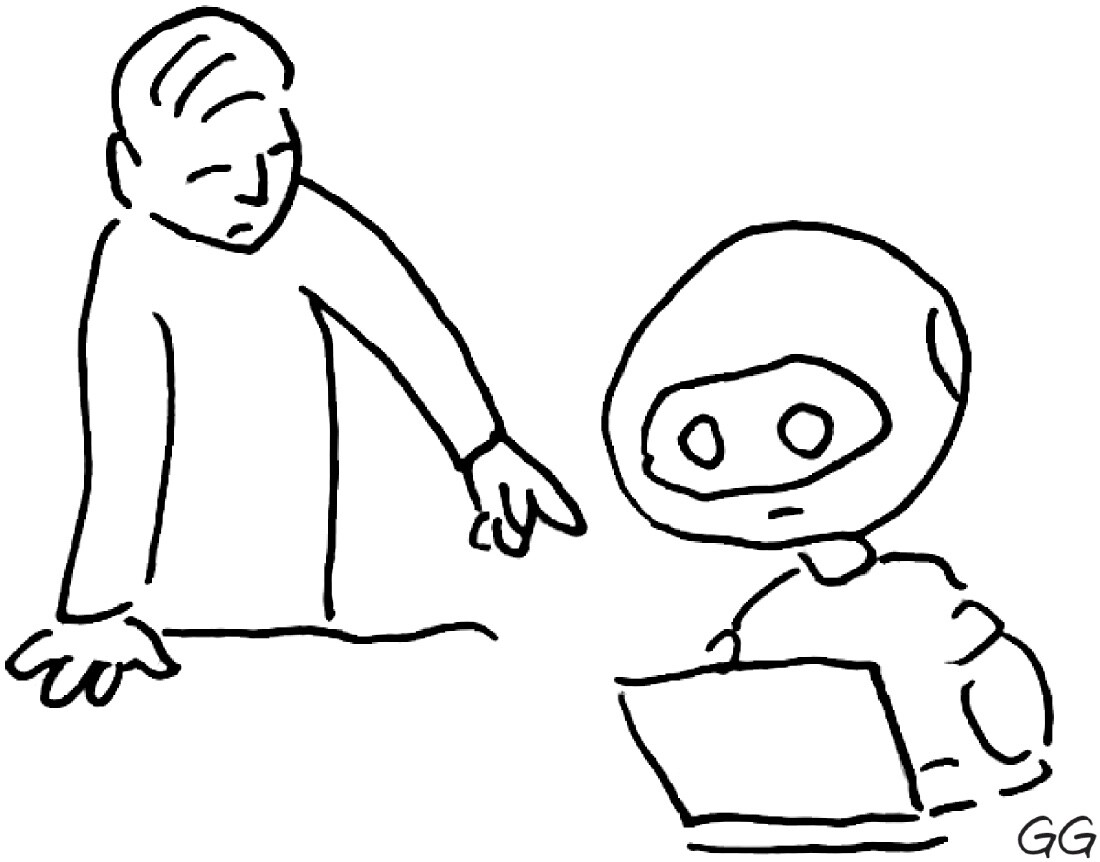 A cartoon shows a robot sitting at a laptop while a person stands over them, pointing to the laptop.