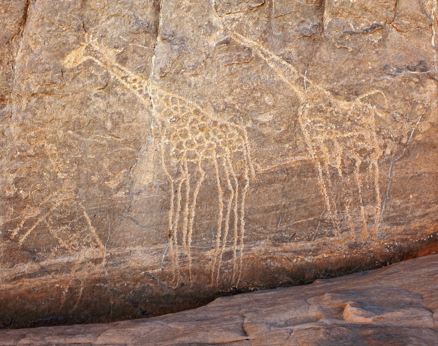 A photo shows two giraffes and a zebra etched on a rock face.