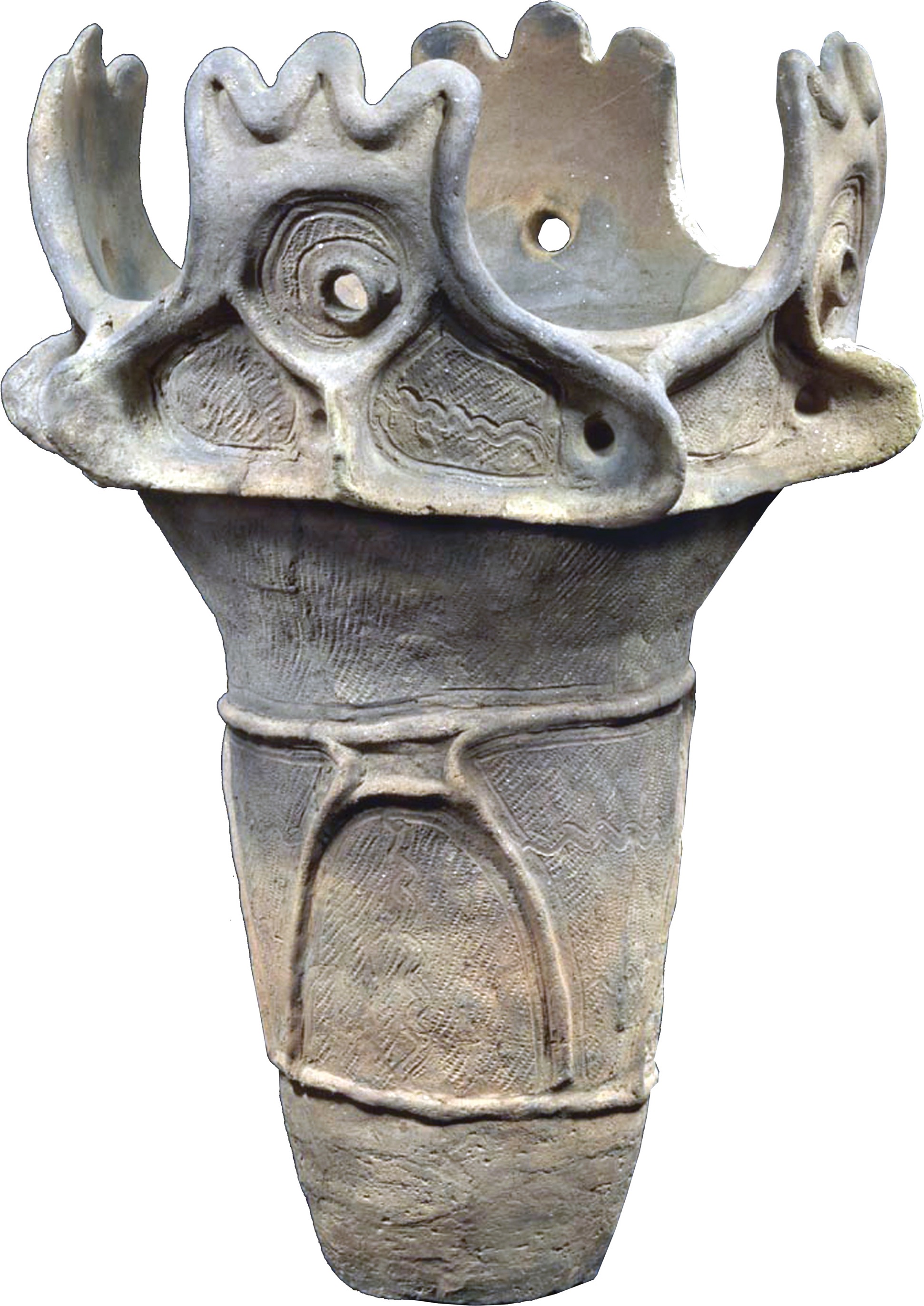 A photo shows a patterned Jomon pot.