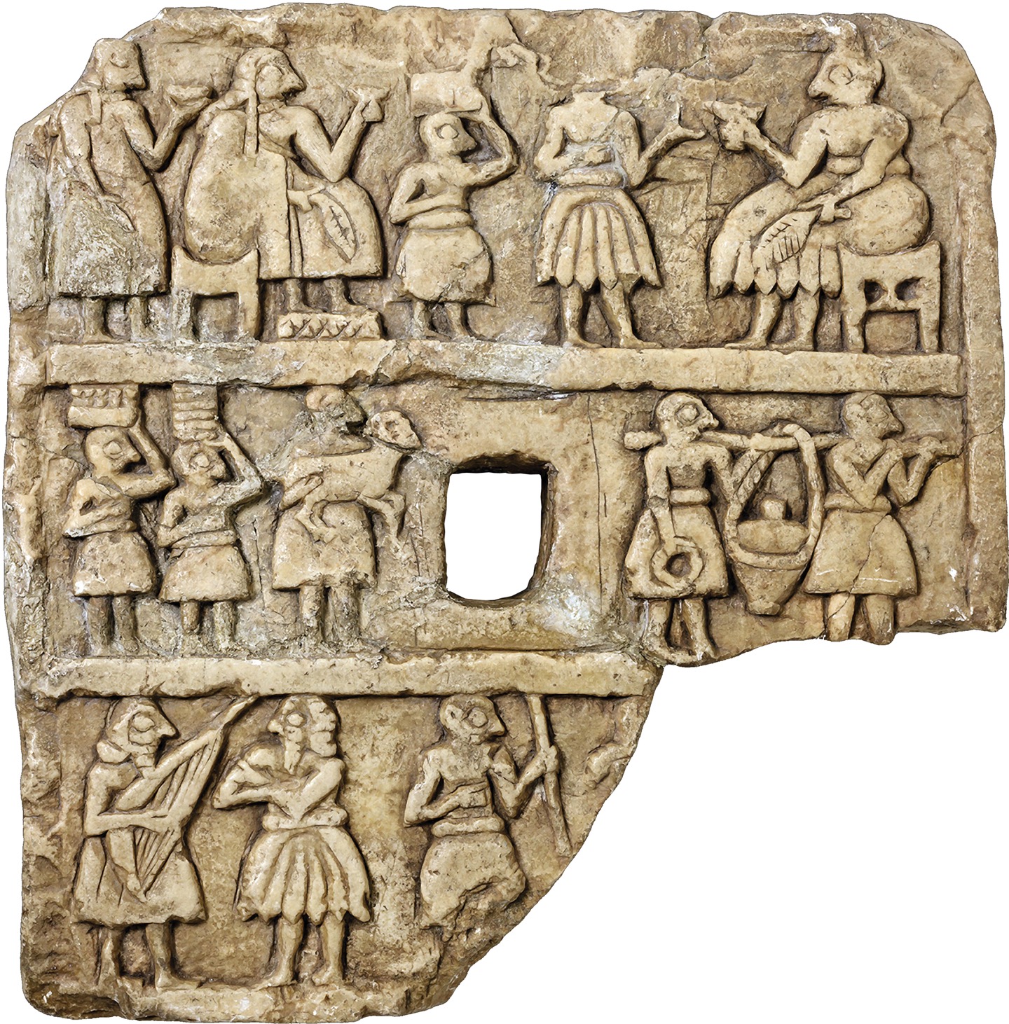 A Mesopotamian stone carving of three sections shows laborers serving dignitaries.