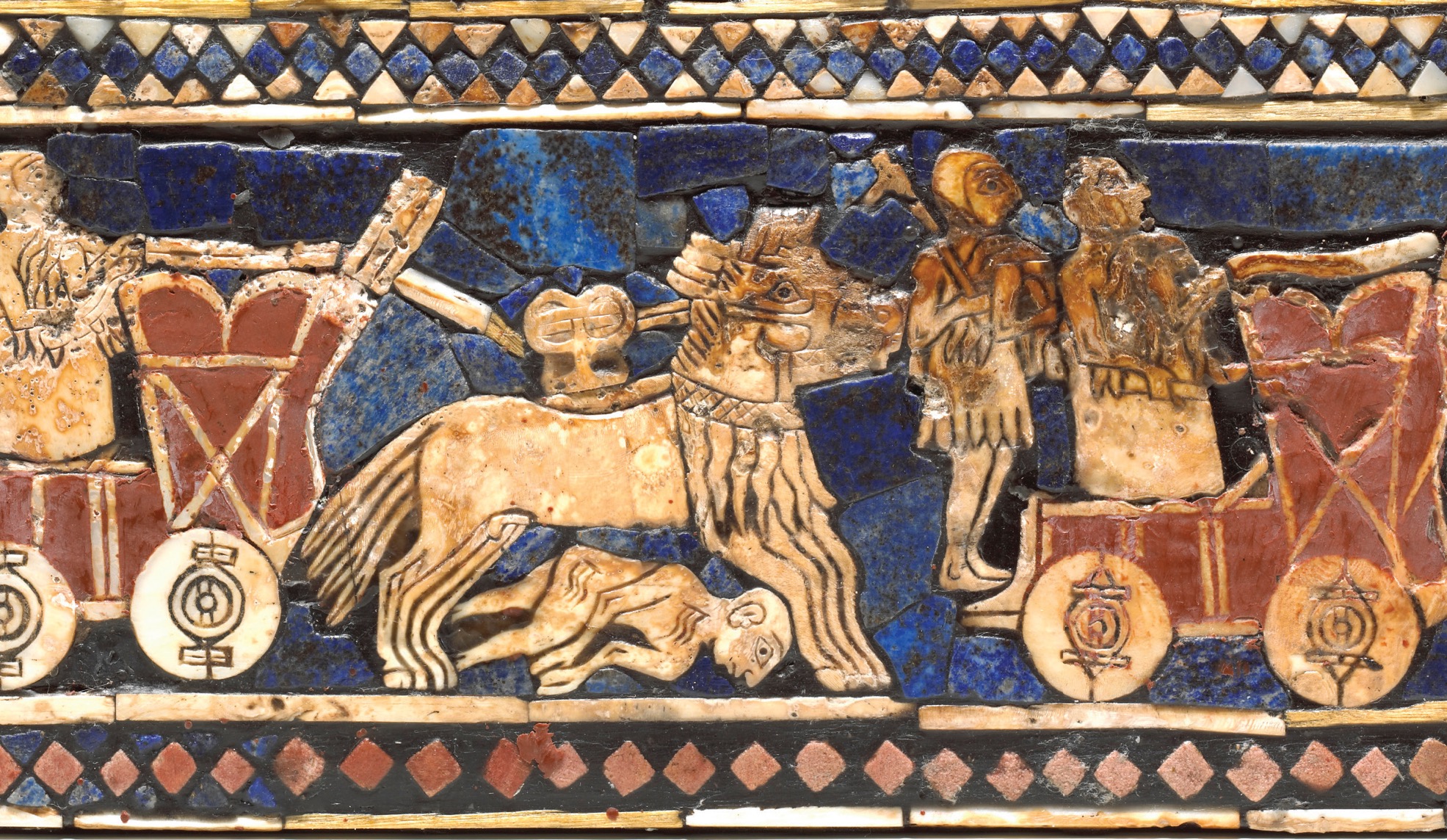 A mosaic embedded with differently colored stones, features a soldier being run over by a horse-drawn wagon.