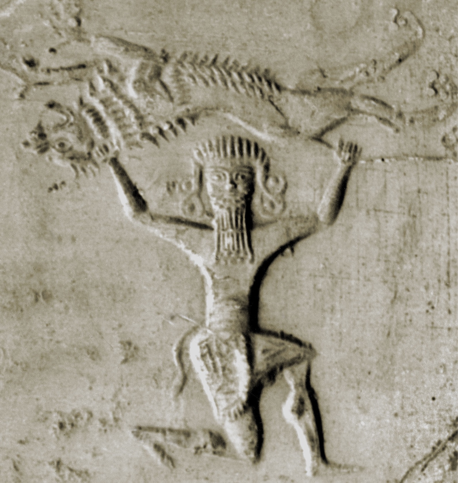 An impression seal depicts a man in a headdress, on bended knee, holding up a lion above his head with both hands.