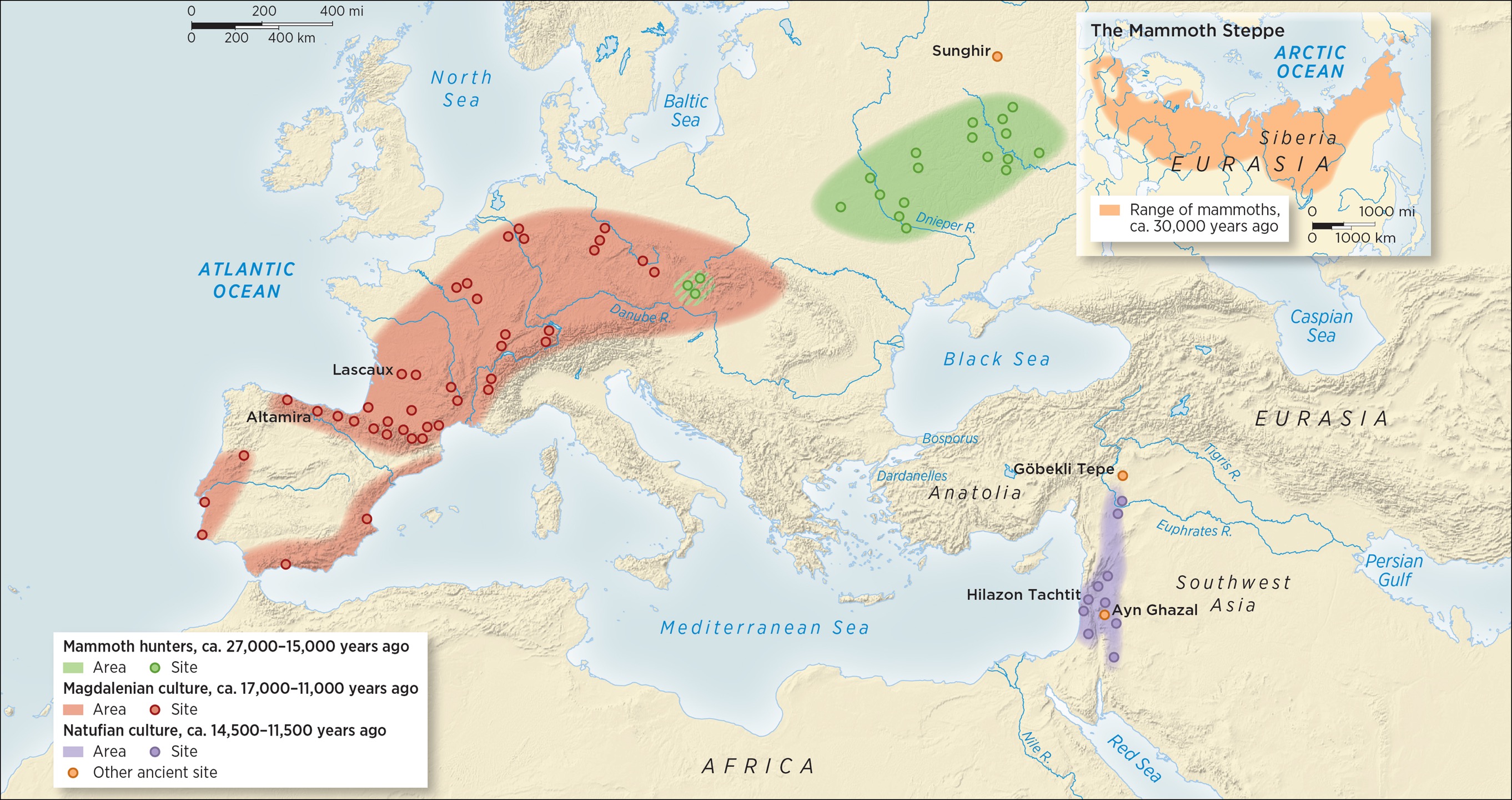 A map shows the spread of sedentary cultures in Europe and Southwest Asia circa 27,000 to 11,000 years ago.